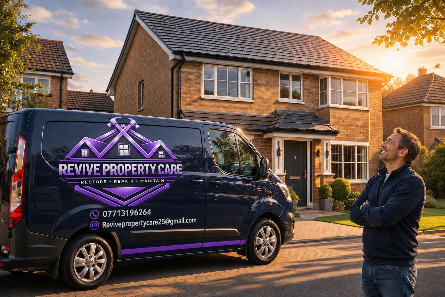 Revive Property Care branded van outside a restored UK home